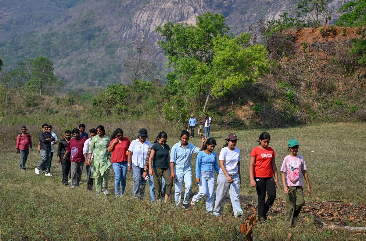 A group of people trekking across the nature trail through Vempallavalasa village near Anija in Rayagada, Odisha.