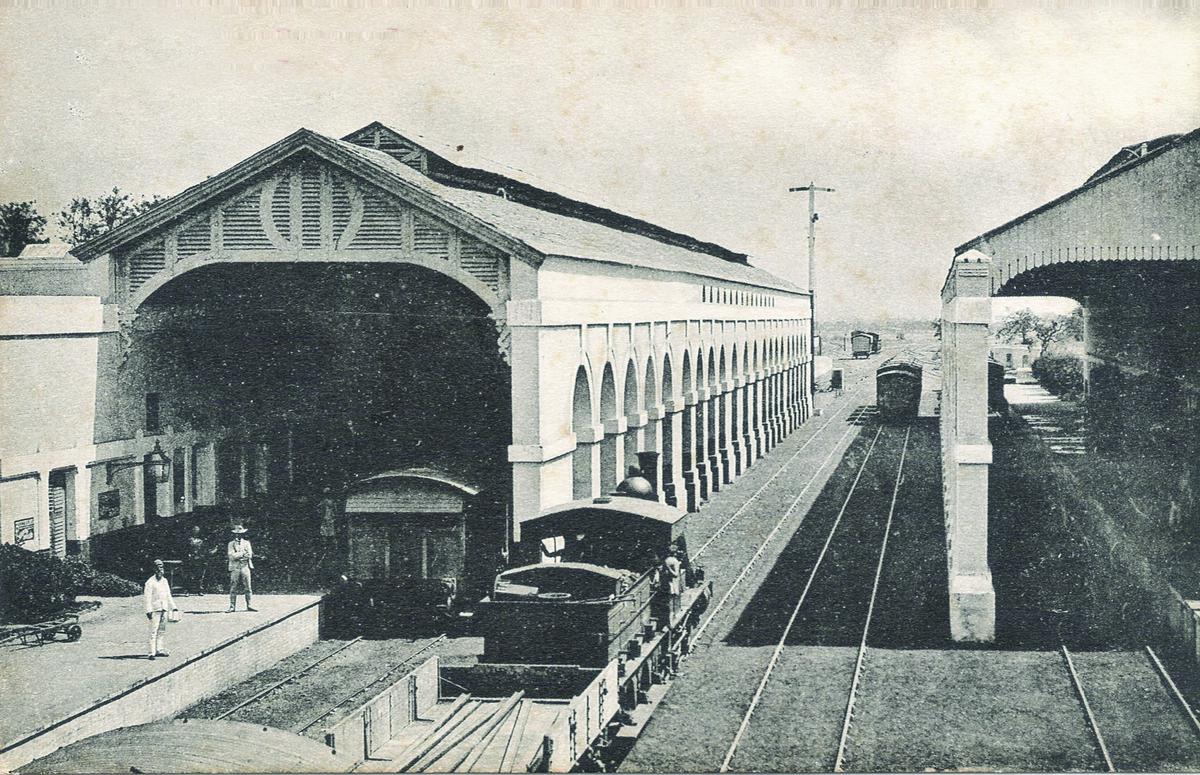 Jamalpur Station, on the East Indian Railway, in the early days.  It is one of the few stations where the two platforms had separate covered sheds.  The station was severely damaged in the Bihar earthquake of 1934.