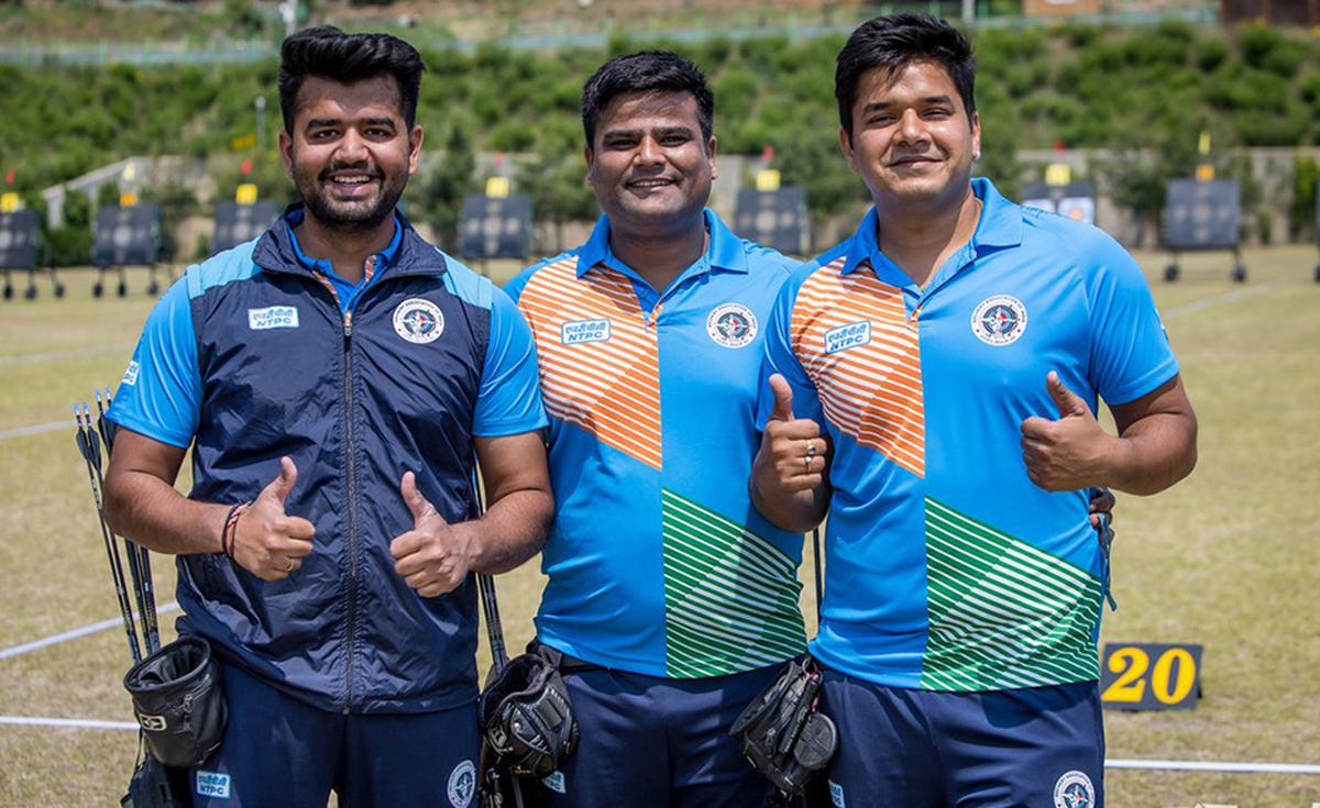 Abhishek Verma, Rajat Chauhan and Aman Saini after making the compound men’s finals in Korea. 