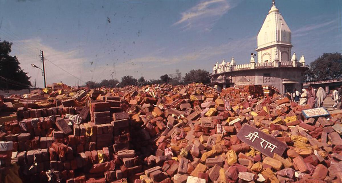 Consecrated bricks brought from various parts of the country as part of the Shilanyas exercise heaped in Ayodhya, in November 1989.