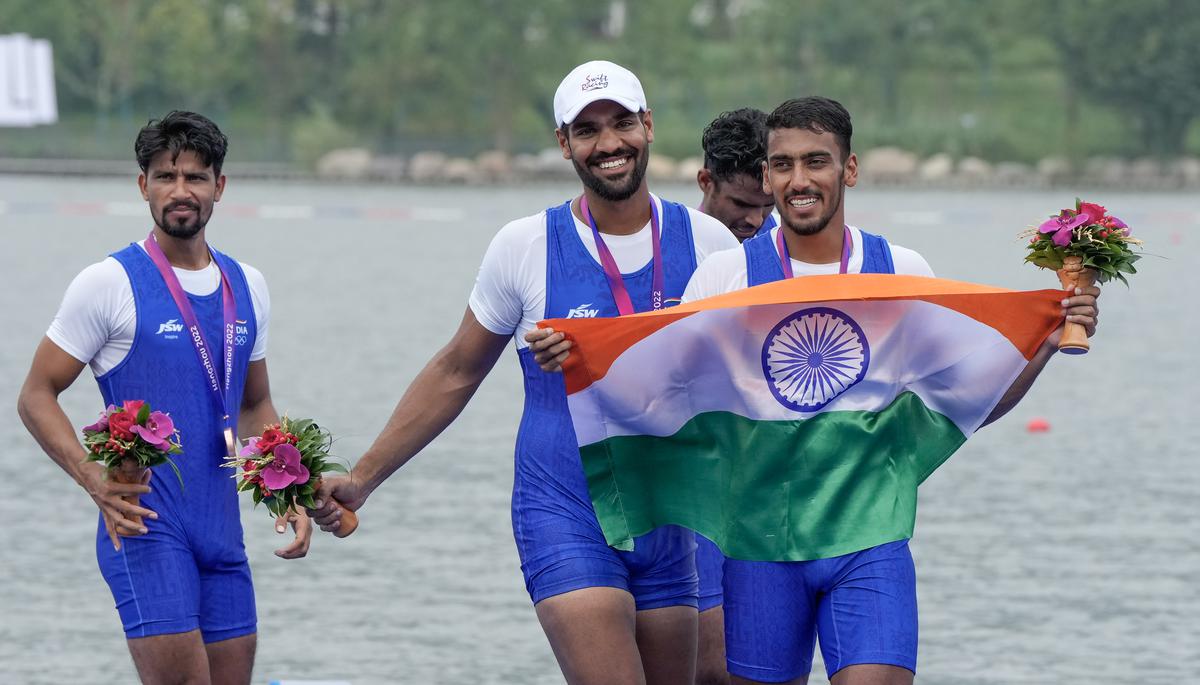  Bronze medal winning Indian team member Satnam Singh, Parminder Singh, Jakar Khan, Sukhmeet Singh celebrate after the award ceremony of the Men’s Quadruple Sculls event of rowing at the 19th Asian Games, in Hangzhou, China, on September 25, 2023. 