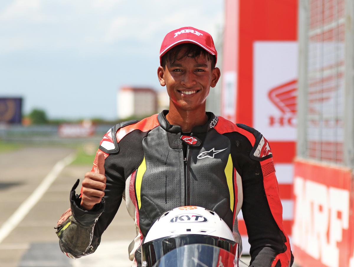 Sarthak Chavan, winner of the Pro-Stock 165cc Open race.