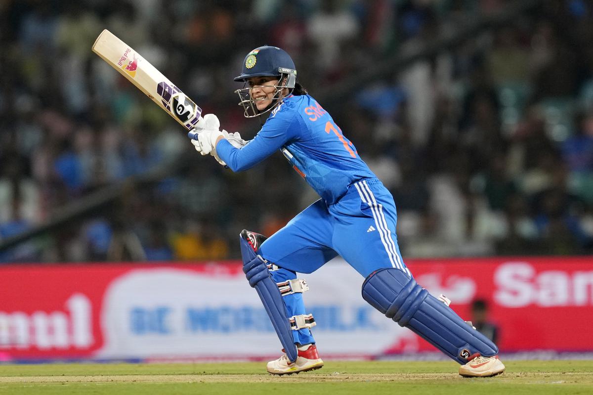 India’s Smriti Mandhana bats during the third T20 cricket match between India and Australia in Mumbai on Jan. 9, 2024. 