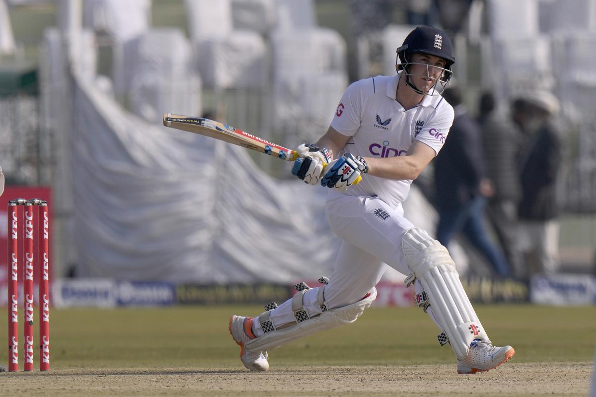 Harry Brook plays a revers sweep shot during the second day of the first Test between Pakistan and England in Rawalpindi on December 2, 2022.