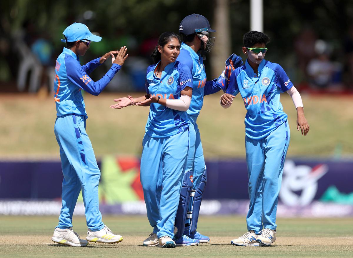 Indian players celebrate a wicket of England during the Finals of ICC Under 19 Womens T20 World Cup 2023 between India Women U19 vs England Women U19, at Senwes Park, in Potchefstroom on Sunday. 