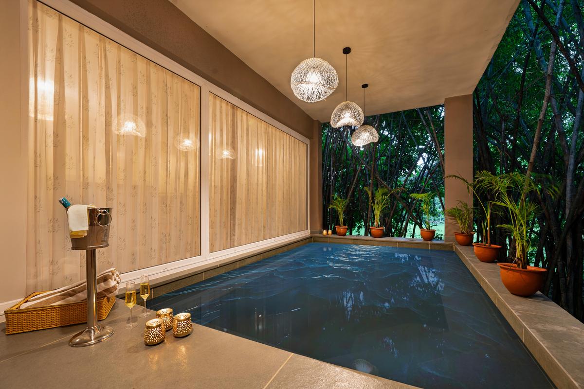 A view of the swimming pool at the villa at the Brij Sone Bagh Resort in Bandhavgarh in Madhya Pradesh.
