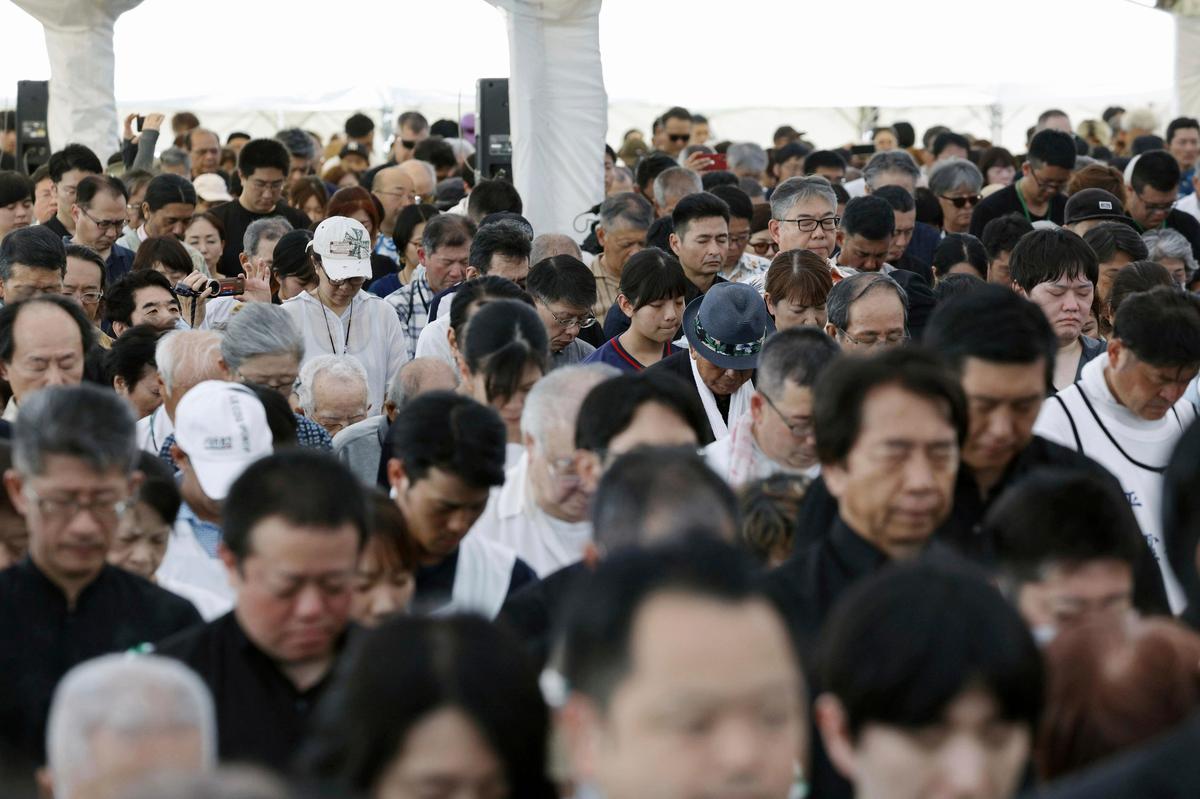 Participants offer a silent prayer during a memorial ceremony at the Peace Memorial Park in Itoman, Okinawa, southern Japan on June 23, 2025 as Japan marked the 80th anniversary of the end of the Battle of Okinawa. Photo: Hidetaka Komukai/Kyodo News via AP Participants offer a silent prayer during a memorial ceremony at the Peace Memorial Park in Itoman, Okinawa, southern Japan on June 23, 2025 as Japan marked the 80th anniversary of the end of the Battle of Okinawa. Photo: Hidetaka Komukai/Kyodo News via AP