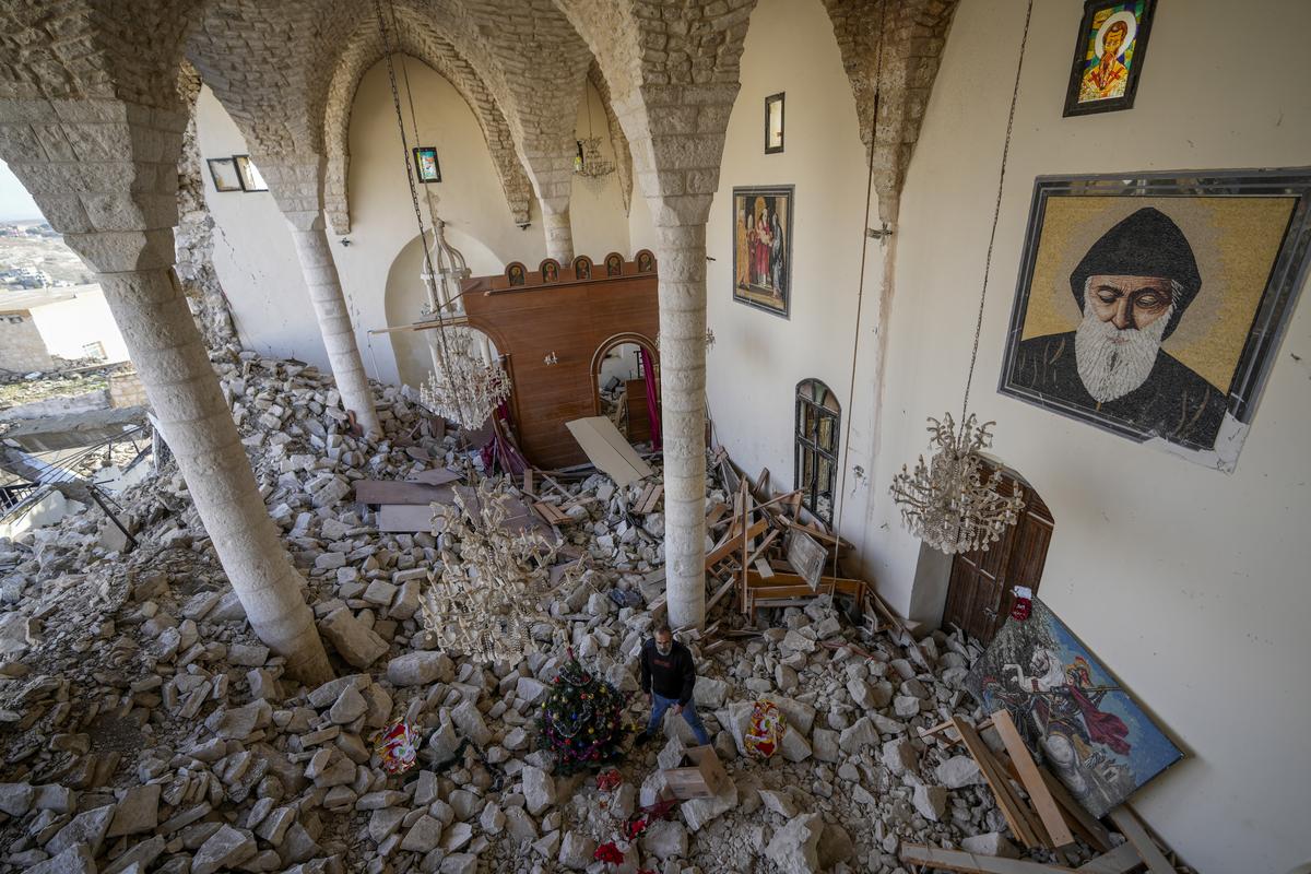 Destruction at the St. George Melkite Catholic Church by an Israeli airstrike, in the town of Dardghaya in southern Lebanon, December 22, 2024.