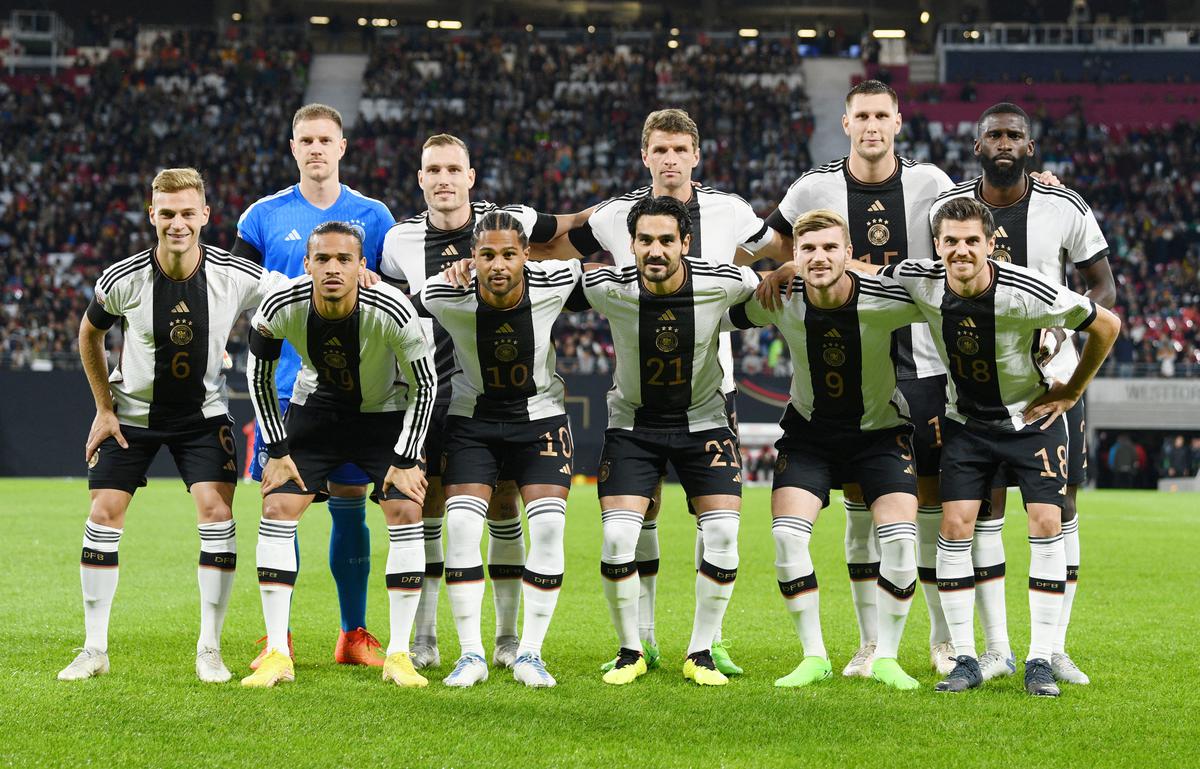 Germany players pose for a team group photo before a match