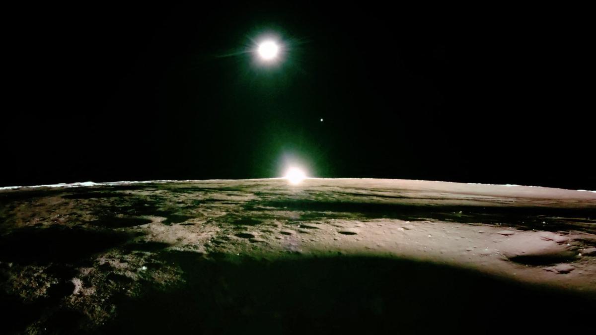 This handout photograph taken by Firefly Aerospace on March 16, 2025 and released on March 18, shows the lunar surface and the setting sun with Earth and Venus on the horizon, during the lunar mission of Firefly’s Blue Ghost lunar lander. The private US lander has captured eerie high-definition images of a lunar sunset, which NASA hopes to use to unravel the mystery of a haze first observed on the Moon in the 1960s. 