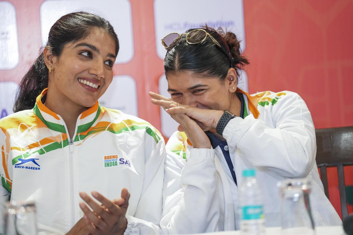 World Boxing Cup Finals 2025 gold medallists Nupur Sheoran and Nikhat Zareen during a press meet, in New Delhi, Friday, Nov. 21, 2025. 