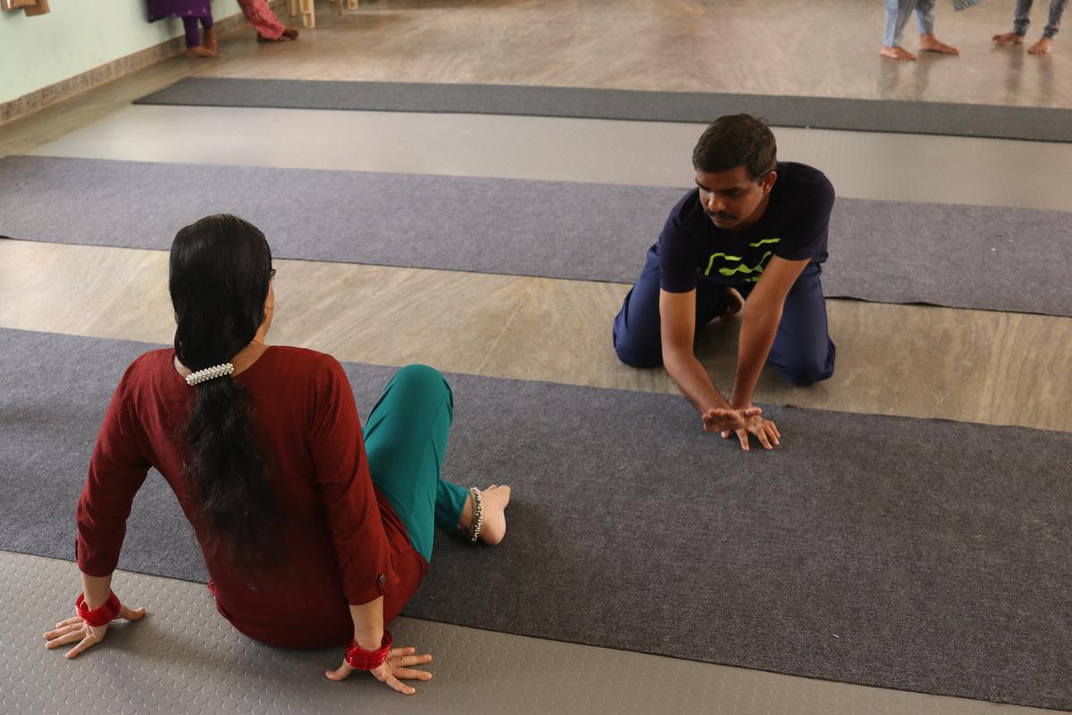 Arun Bose, who is visually challenged, giving directions to another participant of 3B Frames, a community theatre workshop for visually challenged organised in Thiruvananthapuram.