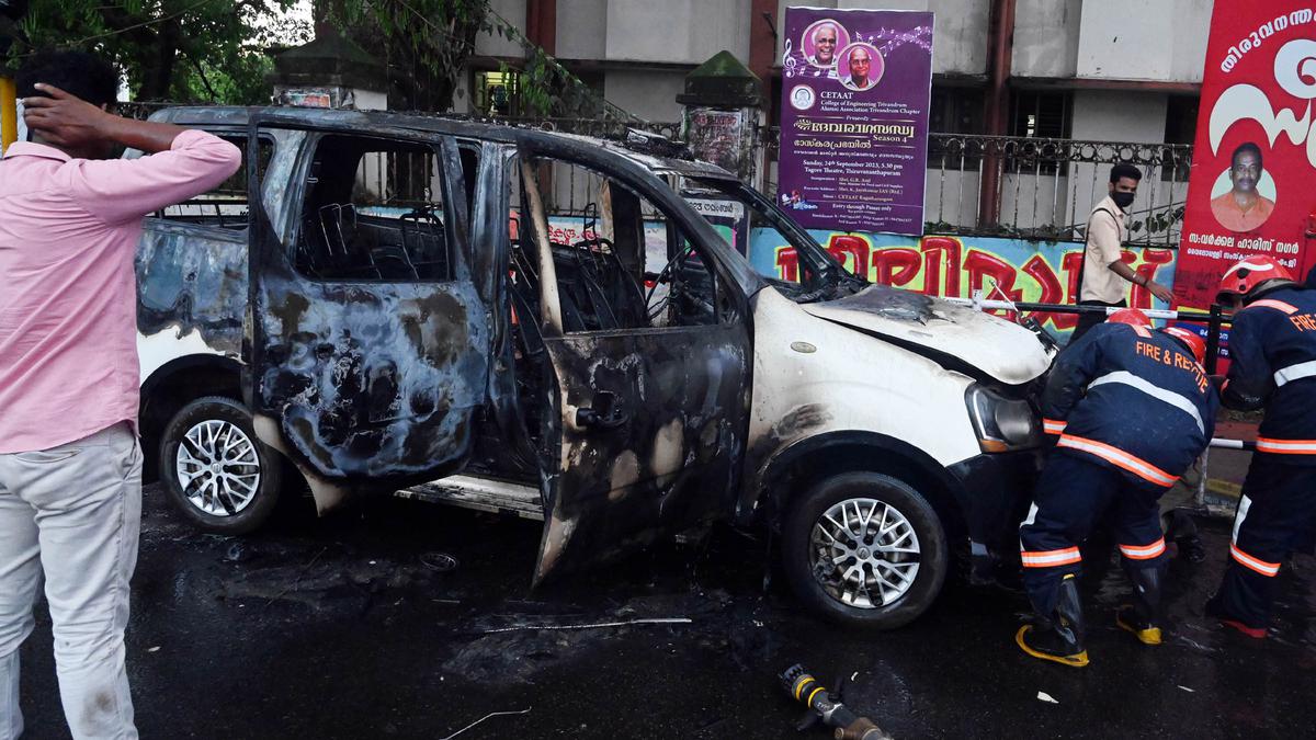 Police jeep catches fire at Vellayambalam