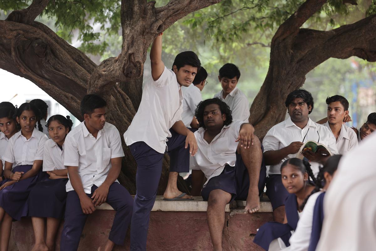 Anand Deverakonda with his co-stars in a still from ‘Baby’