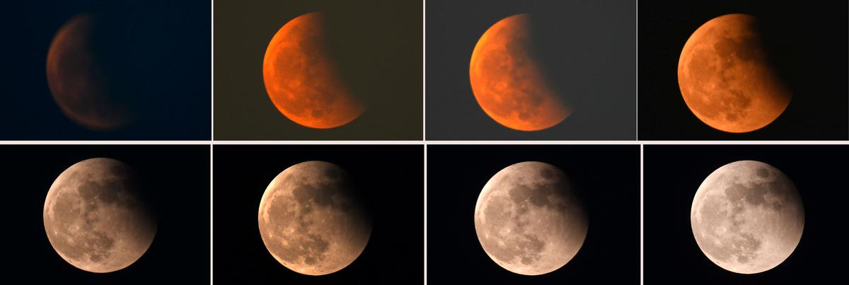 Different phases of moon partially covered by the earth’s shadow during lunar eclipse, in Lucknow on Tuesday. 