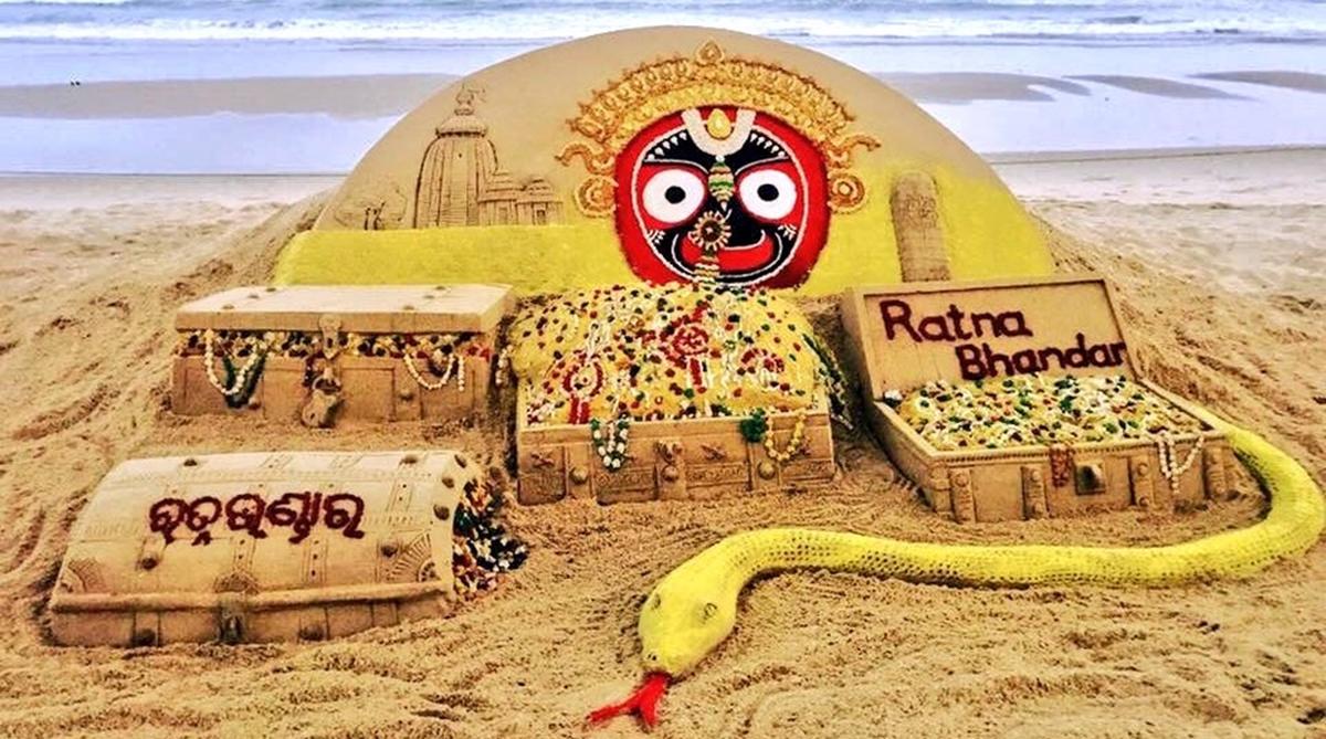 Sand art depicting the Ratna Bhandar by Sudarshan Patnaik