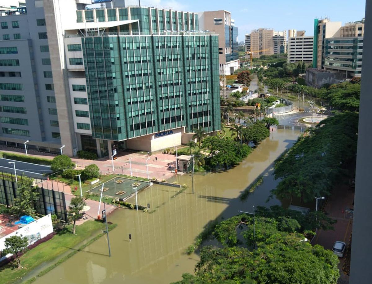 Waterlogging at Manyata Tech Park due to heavy rain in Bengaluru.