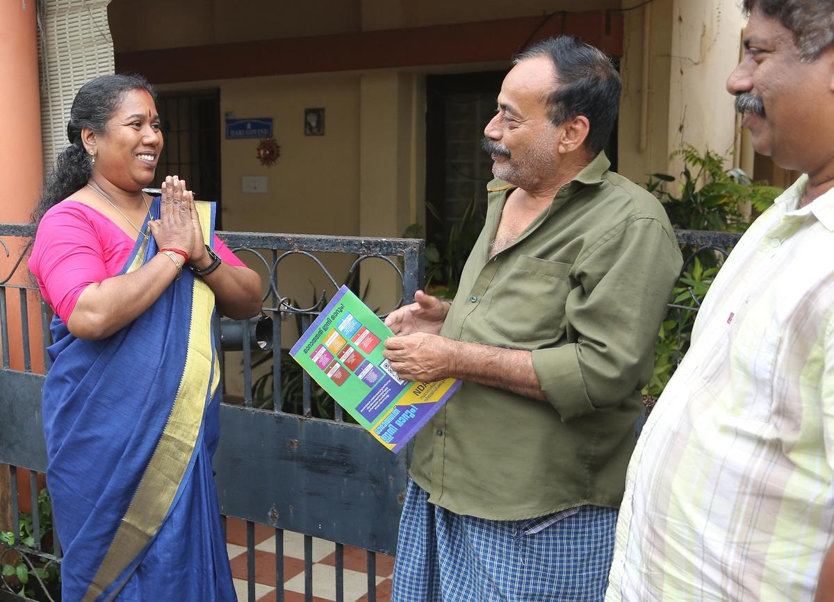 NDA candidate K.S. Sandhya reaching out to voters in Gandhi Nagar division as part of the election campaign.