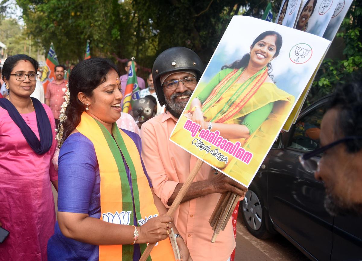 Navya Haridas, NDA candidate from Kozhikode North, campaigning at Malaparamba in Kozhikode city.