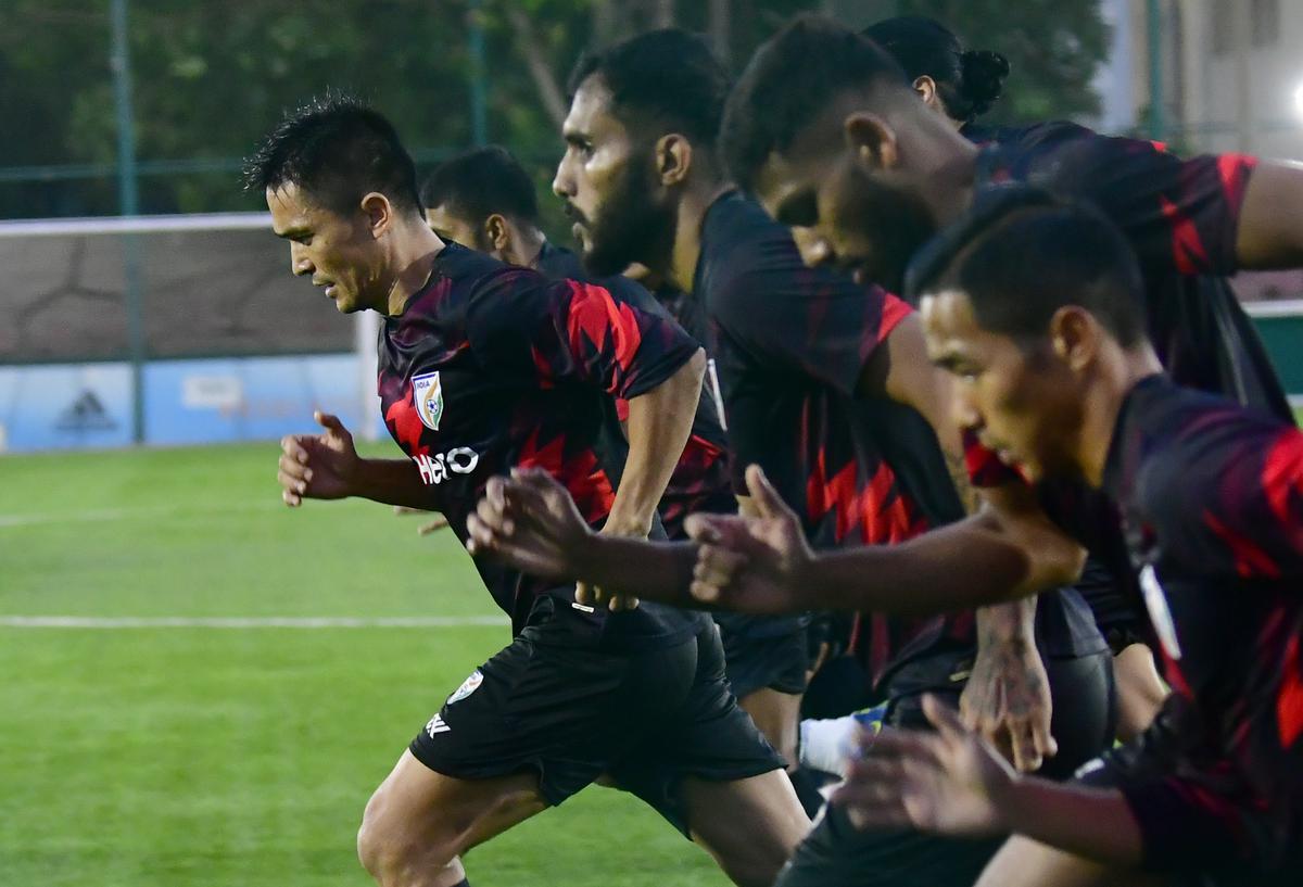 Captain Sunil Chhetri leads a training in Bengaluru on June 20, 2023, ahead of India’s encounter against Pakistan in the SAFF Championship.