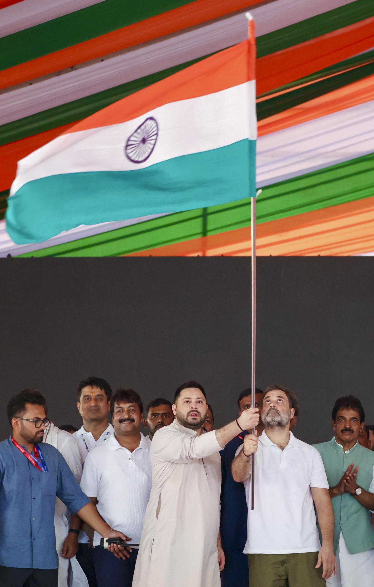 Congress leader Rahul Gandhi with RJD leader Tejashwi Yadav during a rally as part of his ‘Voter Adhikar Yatra’, in Sasaram