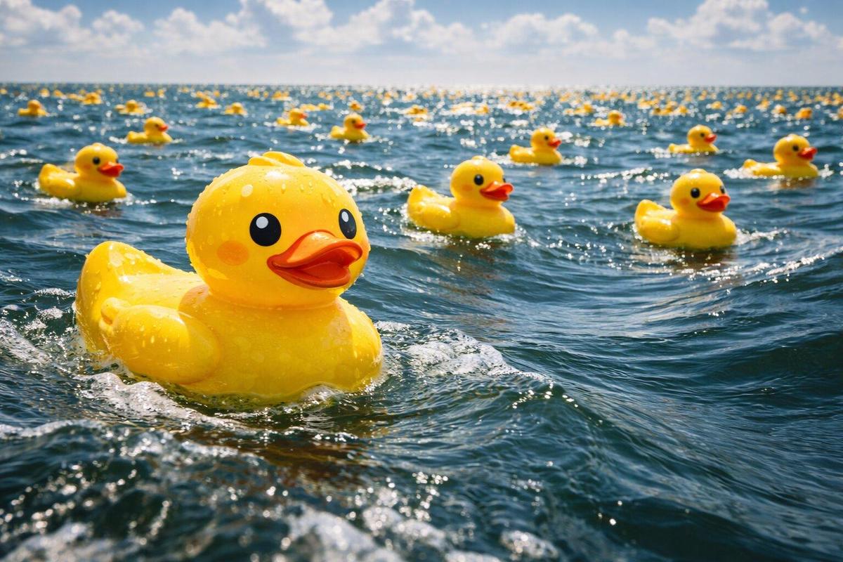 Ducks in the ocean, like the ‘1992 Friendly Floatees Spill’. (AI generated image)