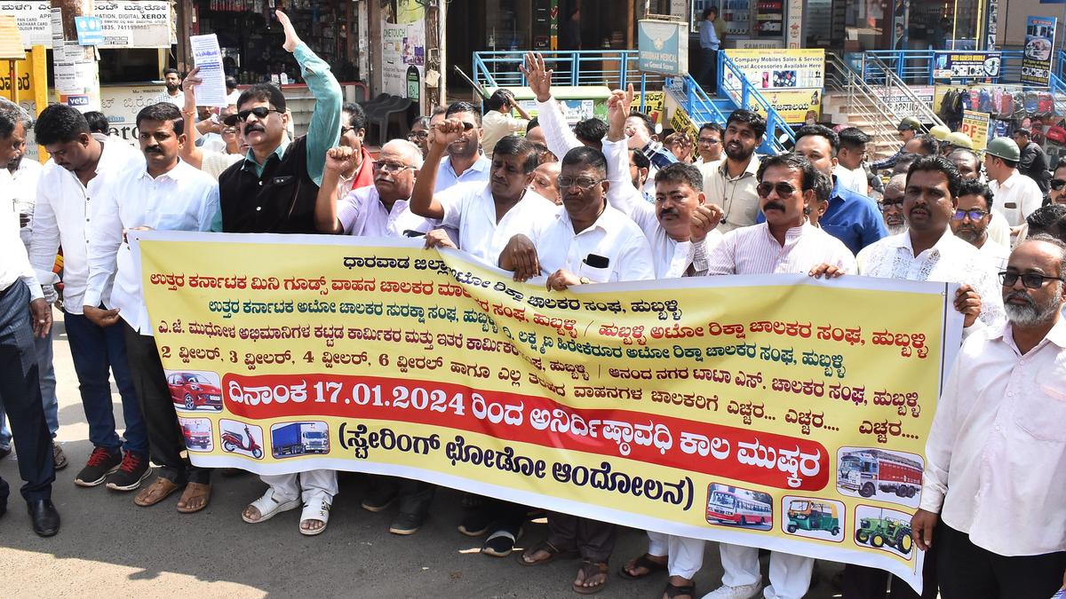 Autorickshaw, truck drivers stage protest in Hubballi against law for hit-and-run cases