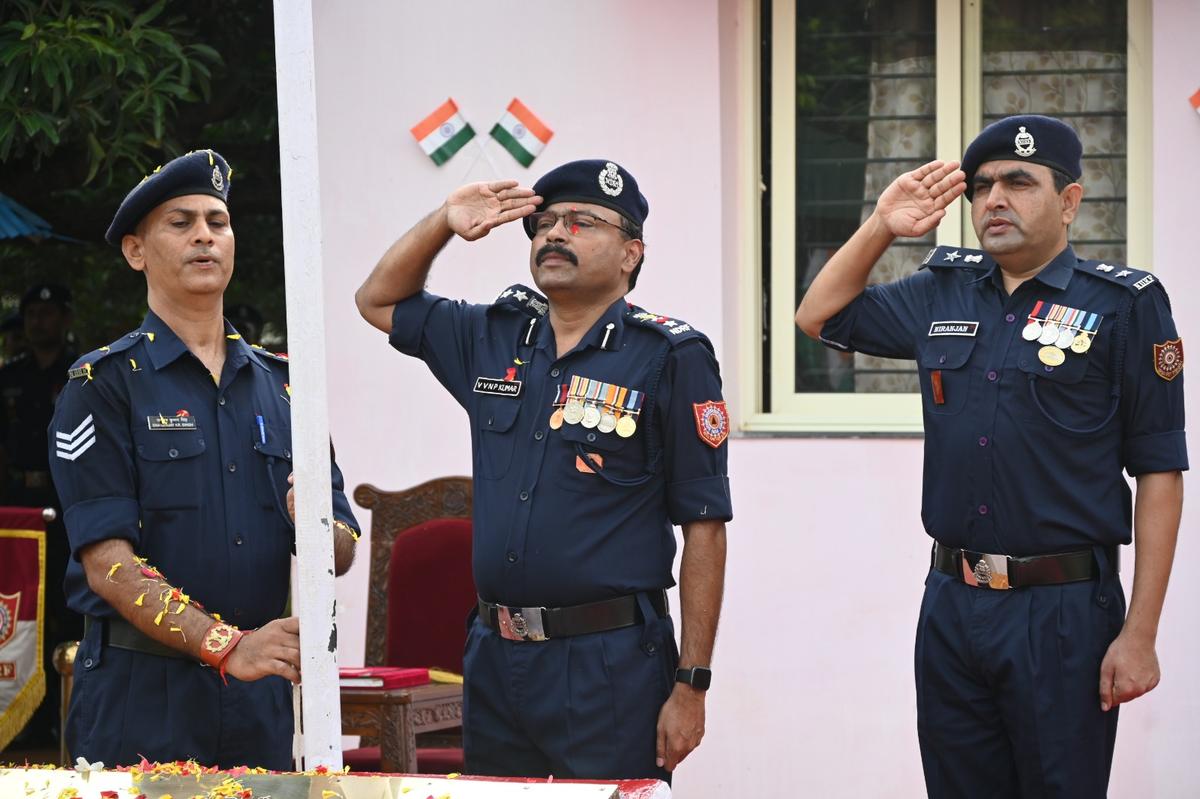NDRF 10th Battalion Commandant V.V.N. Prasanna during the Indepdence Day celebrations at the battalion headquarters in Krishna district on Thursday. NDRF 10th Battalion Commandant V.V.N. Prasanna during the Indepdence Day celebrations at the battalion headquarters in Krishna district on Thursday.