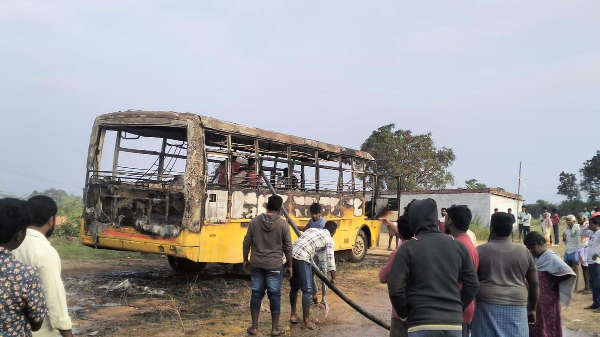 School bus gutted after ‘clash’ between driver, cleaner in Prakasam district