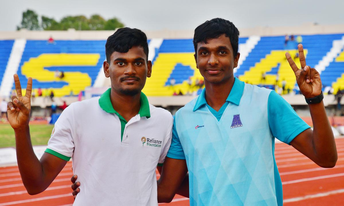 Rathish Pandidurai  and Sharon Jestus from Tamil Nadu, who clinched the boys’ under-20 110m hurdles and long jump gold respectively in the 38th National junior athletics championship at the Nehru Stadium in Coimbatore on Thursday, November 9, 2023.