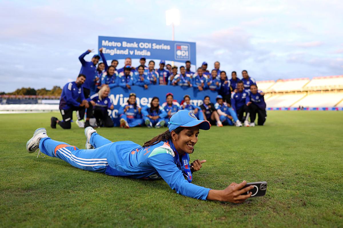India’s Jemimah Rodrigues takes a victory selfie with her team after India won against England in the Women’s Metro Bank ODI series in England, July 2025.