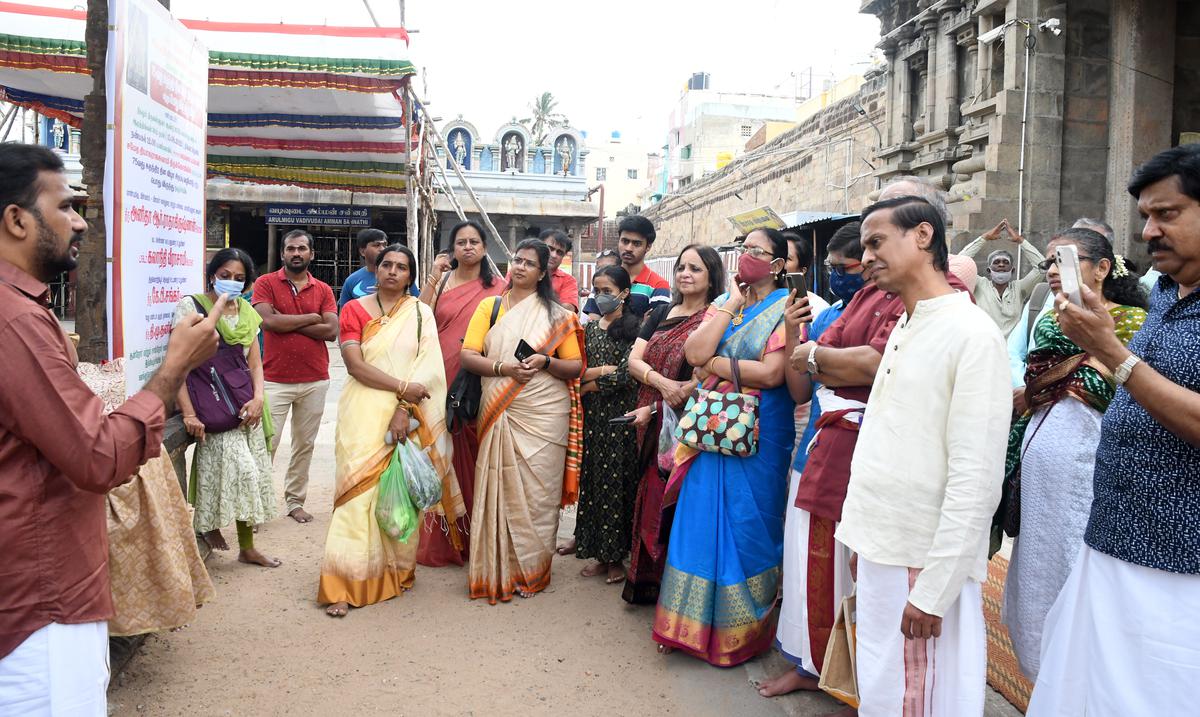 The heritage walk in progress at the Thyagarajaswamy temple in Tiruvottiyur.