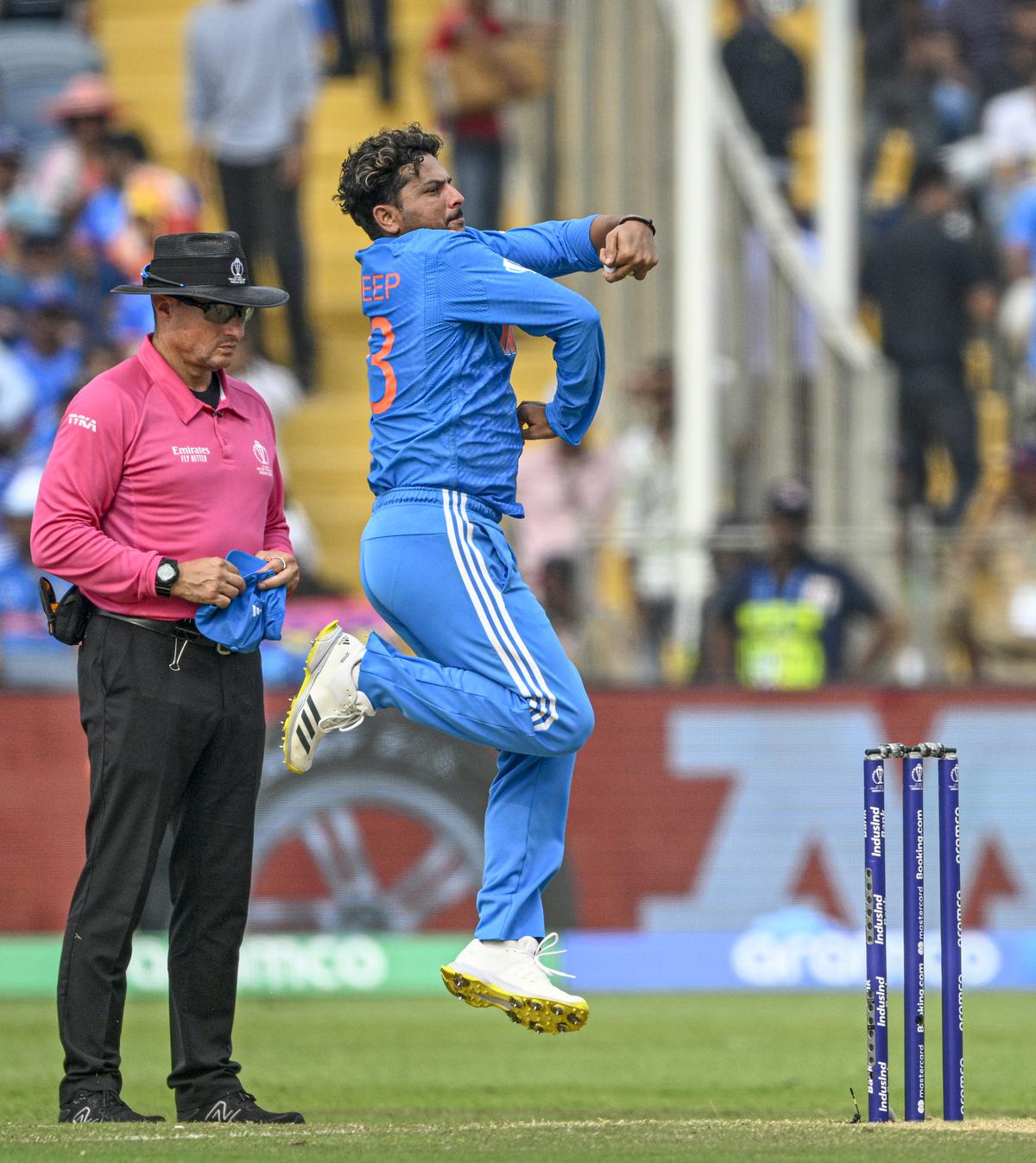 India’s Kuldeep Yadav in action during the 2023 ICC Men’s Cricket World Cup one-day international (ODI) match between India and  Bangladesh.