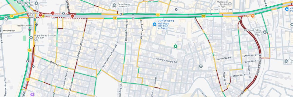 A screenshot of Google Maps showing heavy traffic conditions on the residential lanes along the Uppal–Narapally stretch at 6. 30 p.m. on Saturday.