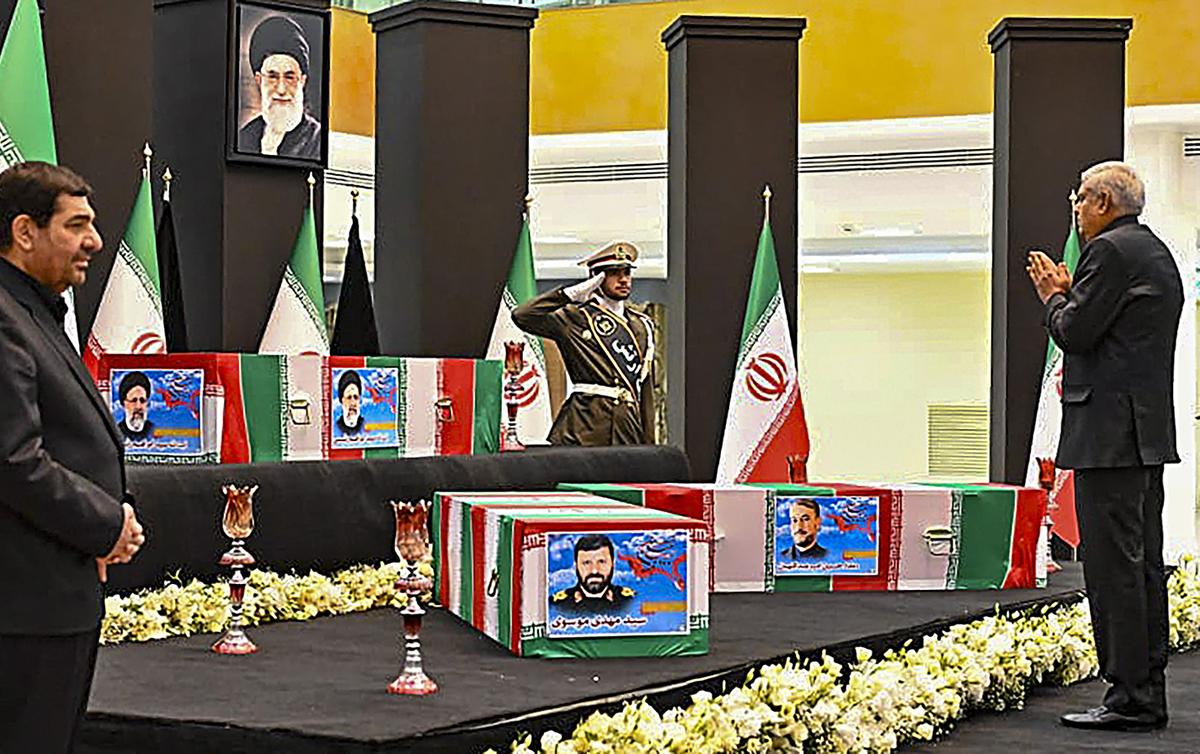Vice-President Jagdeep Dhankhar pays tributes to Iran’s late President Seyyed Ebrahim Raisi, late Foreign Minister Hossein Amir-Abdollahian and other Iranian officials who died in chopper crash, in Tehran on May 22, 2024.