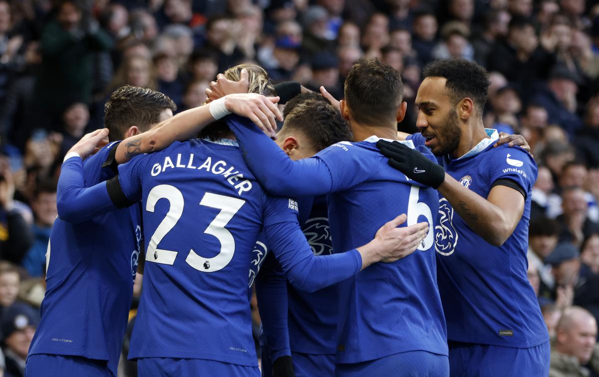 Chelsea’s Kai Havertz celebrates with teammates after scoring his side’s opening goal during the English Premier League soccer match between Chelsea and Crystal Palace at Stamford Bridge Stadium in London, Sunday, Jan. 15, 2023. 