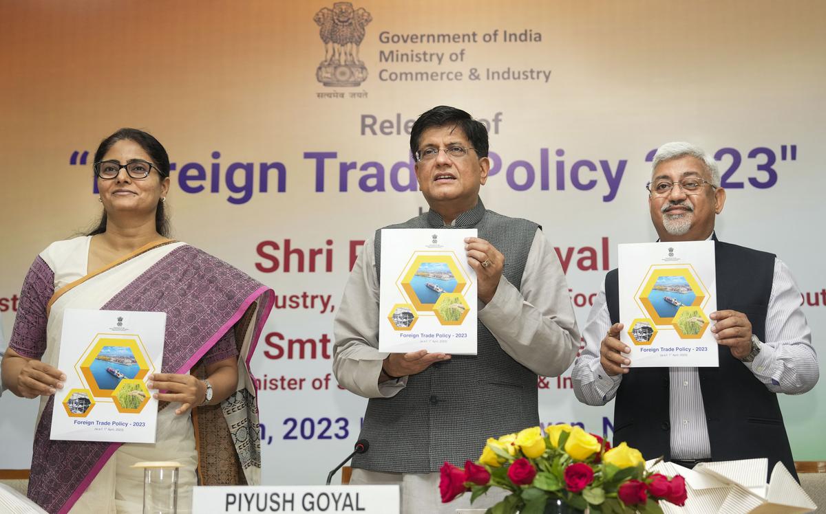 Union Commerce and Industry Minister Piyush Goyal with Minister of State Anupriya Patel and Commerce Secretary Sunil Barthwal releases ‘Foreign Trade Policy 2023’, in New Delhi, on March 31, 2023.