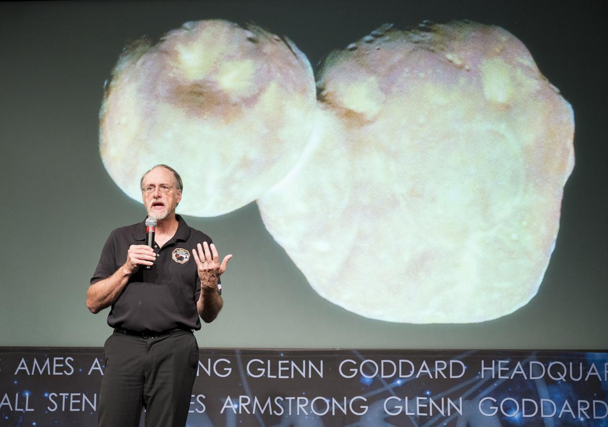 Marc Buie, who was also part of the New Horizons Discovery Team,  speaks at a naming ceremony for 2014 MU69, a celestial body discovered by the New Horizons mission and Hubble Space Telescope, formerly nicknamed “Ultima Thule”, in November 2019. 