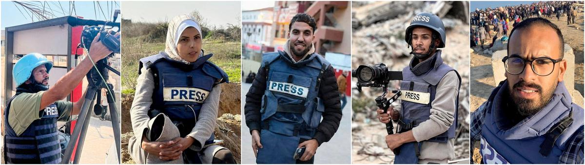 A combination image shows the journalists killed in Israeli strikes on Nasser hospital in the south of the Gaza Strip on August 25, 2025: (left to right) Hussam al-Masri, Mariam Abu Dagga, Moaz Abu Taha, Mohammed Salama and Ahmed Abu Aziz