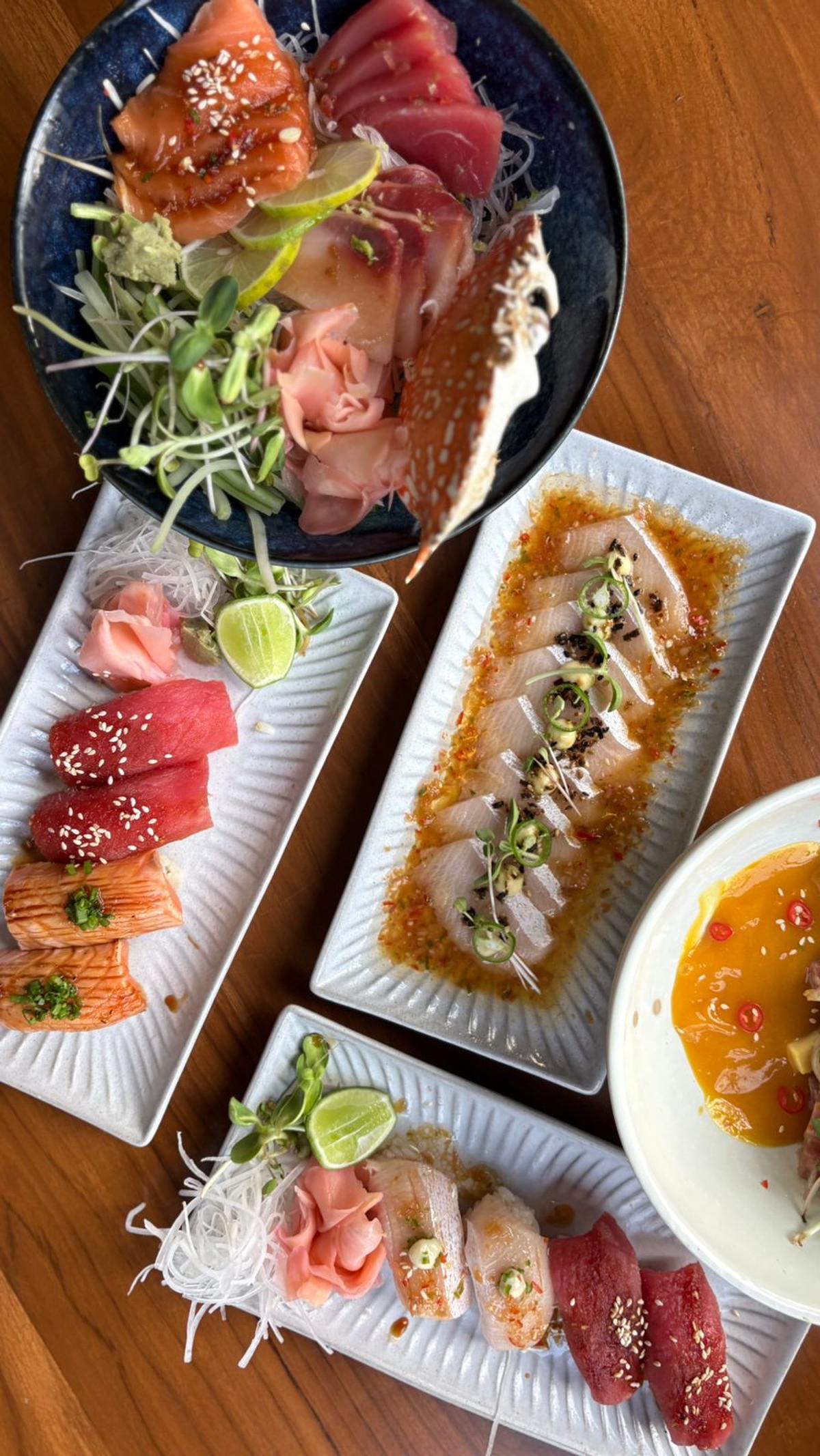 Hamachi ponzu has delicate slices of sushi-grade yellowtail, lightly cured and paired with bright citrus-soy ponzu, and playful wasabi jellies