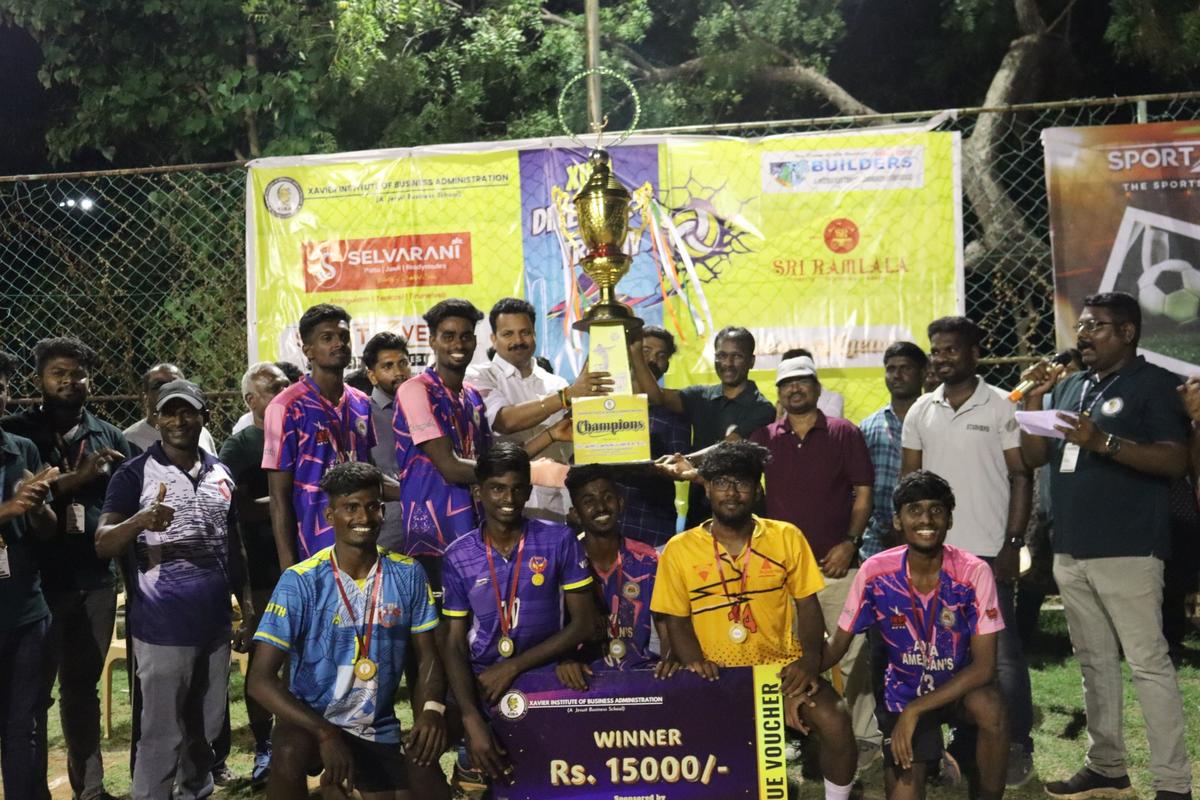 Winners of the intercollegiate volleyball tournament held at Xavier Institute of Business Administration, Palayamkottai.