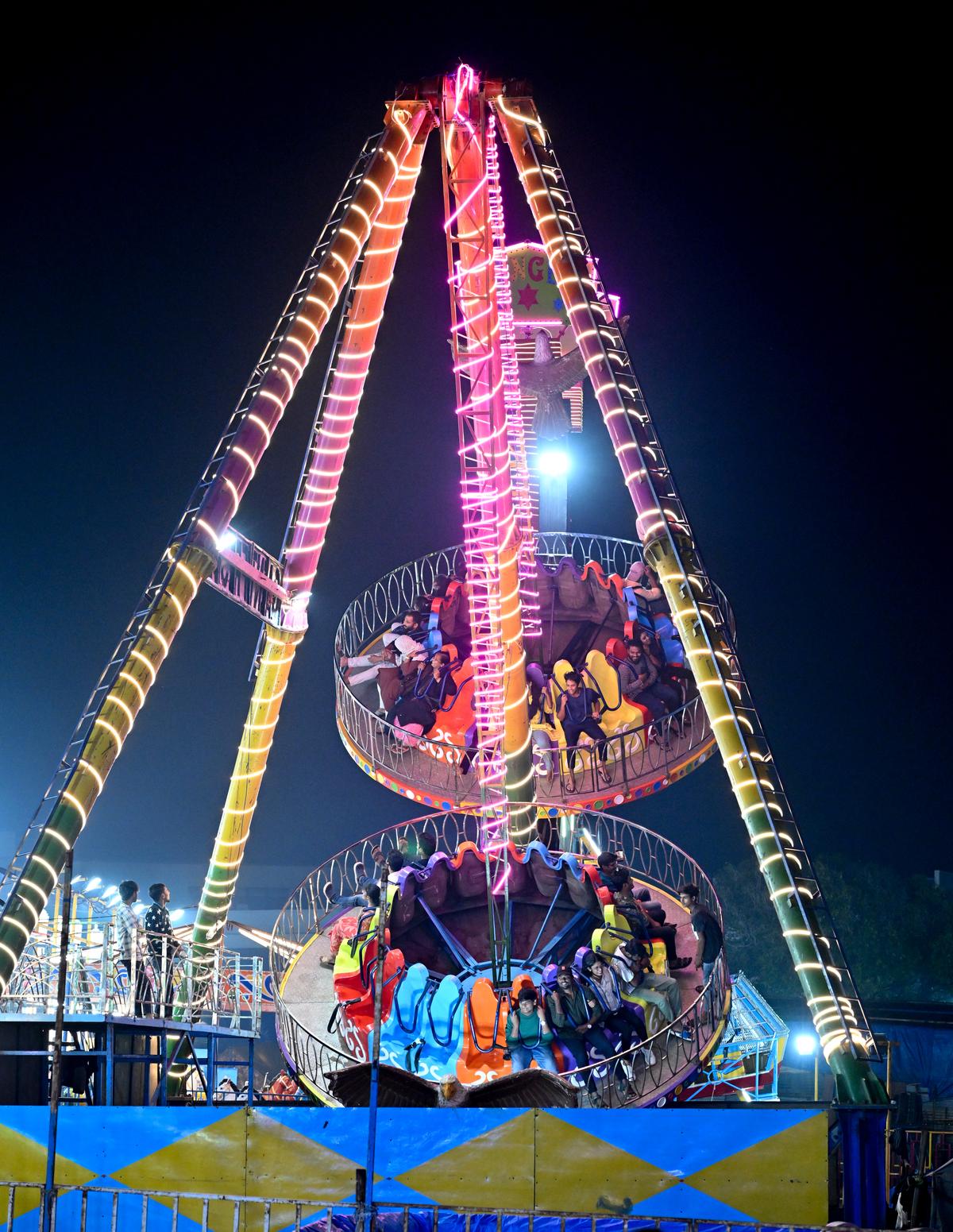 There is a ride of entertainment at the exhibition near the police mess on the beach road in Visakhapatnam.