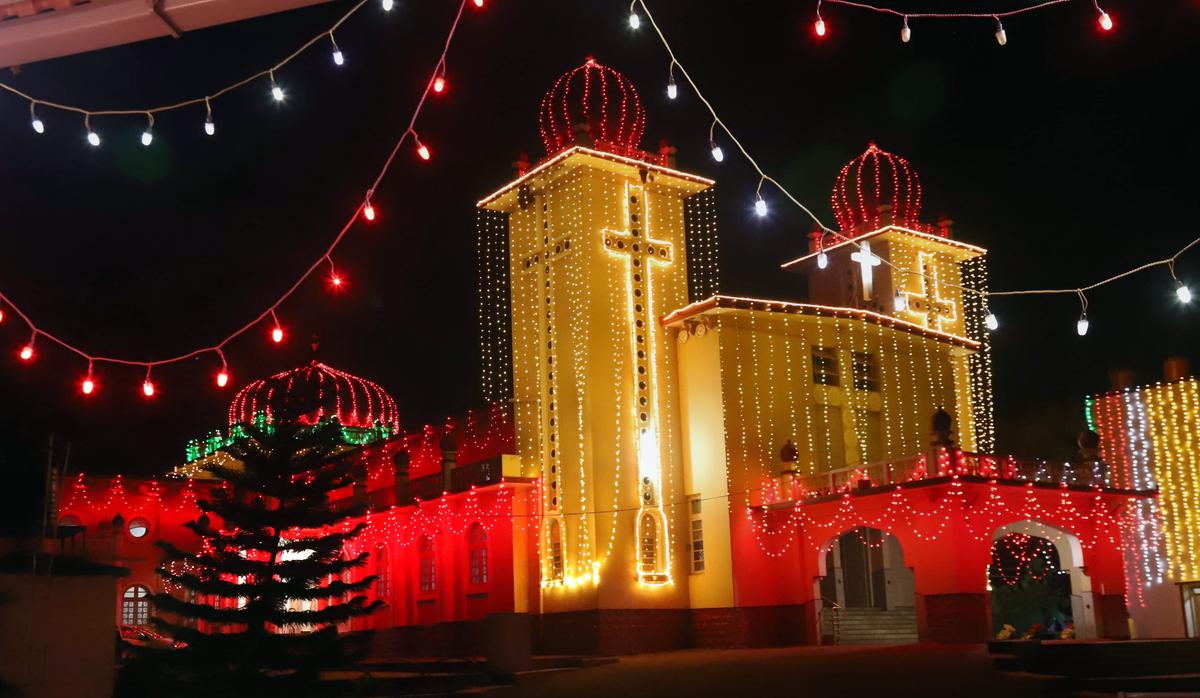 The Saint Fatimat Cathedral is all lit up for Christmas in the camp area in Belagavi on Christmas eve on Sunday. 