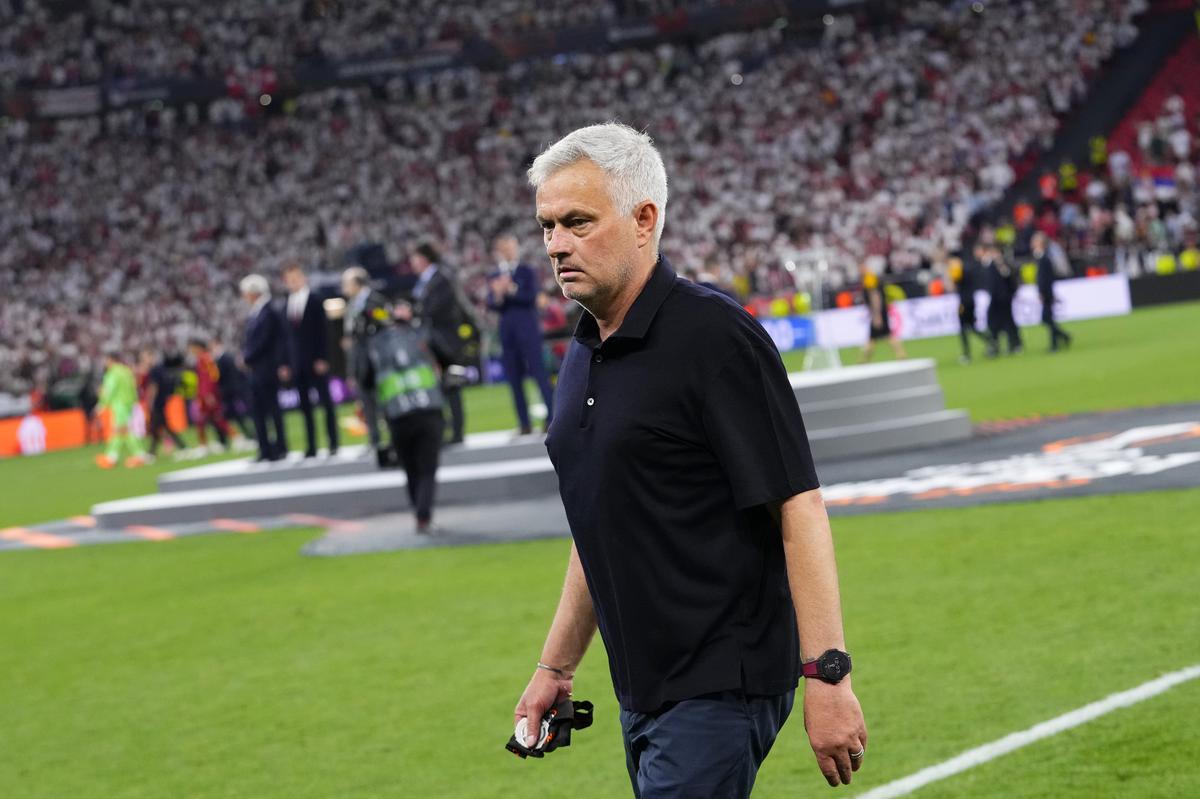 Roma’s head coach Jose Mourinho walks away with his second place medal after receiving it at the end of the Europa League final match between Sevilla and Roma, at the Puskas Arena in Budapest, Hungary, on May 31, 2023. 