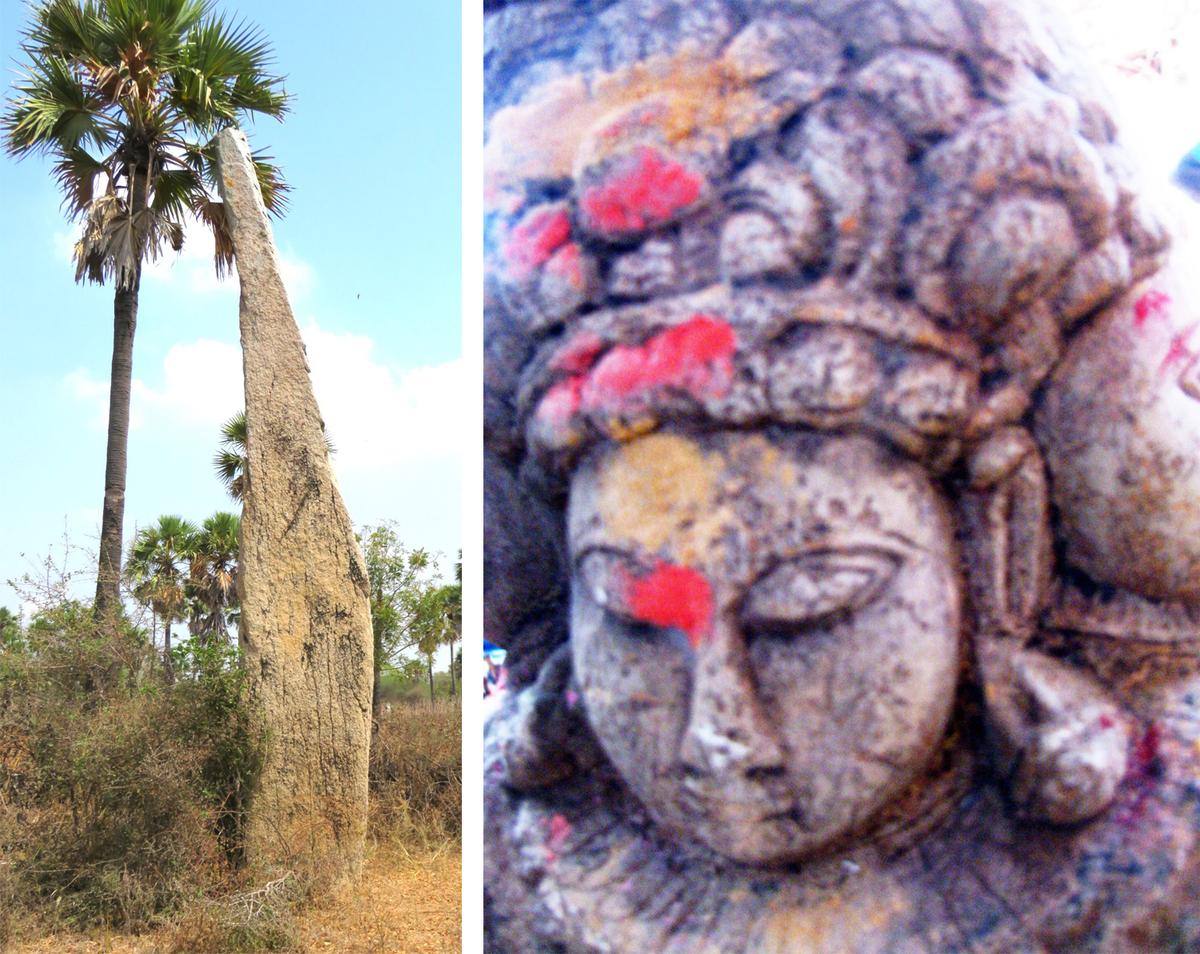 A 26-foot menhir at Appaji Peta in Nalgonda and, right, a Boudha stupam from the sixth century BC that were unearthed by members of this group. A 26-foot menhir at Appaji Peta in Nalgonda and, right, a Boudha stupam from the sixth century BC that were unearthed by members of this group.