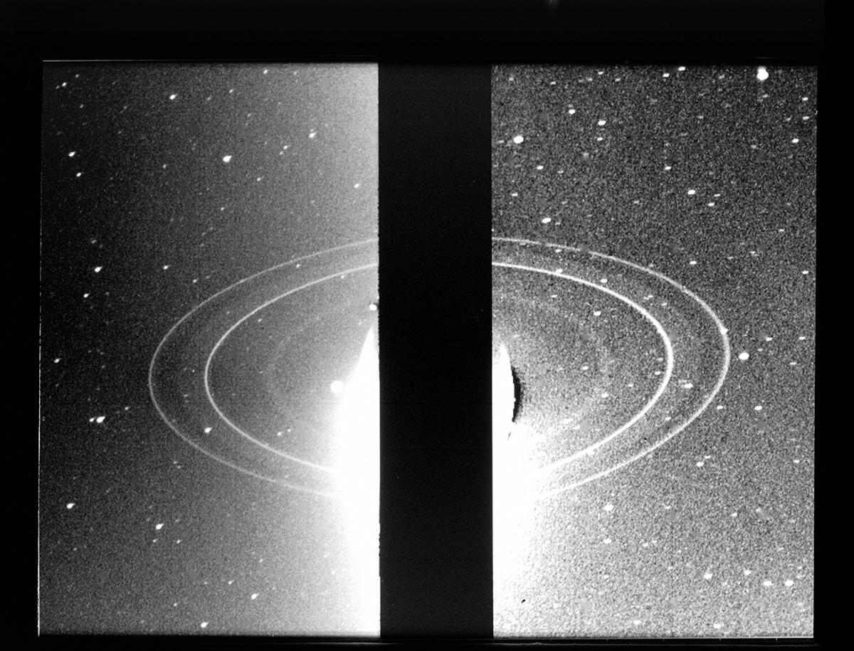 Two 10 minute exposures of Neptune’s rings clearly show the two main rings , as well as the inner faint ring and the faint band that extends planetward from roughly halfway between the two bright rings. These images were taken 1 hour and 27 minutes apart, using the clear filter on Voyager 2’s wide angle camera. 