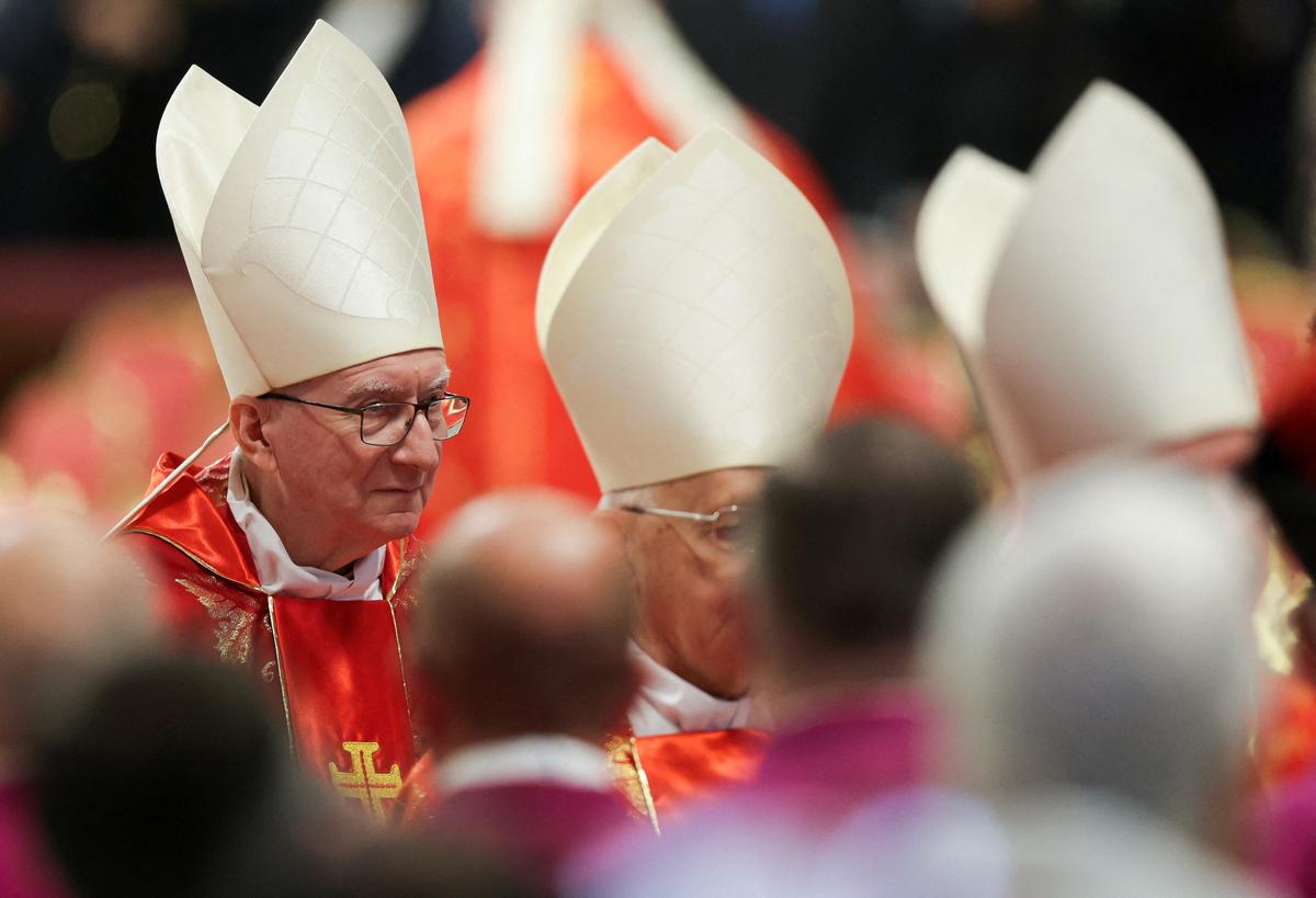 Cardinal Pietro Parolin attends the Holy Mass, celebrated for the election of the new pope, presided over by the Dean of the College of Cardinals, Cardinal Giovanni Battista Re, in St. Peter’s Basilica, at the Vatican on May 7, 2025. 