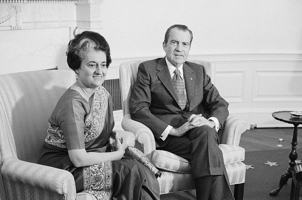 Prime Minister Indira Gandhi (left) with U.S. President Richard Nixon at the White House in November 1971.