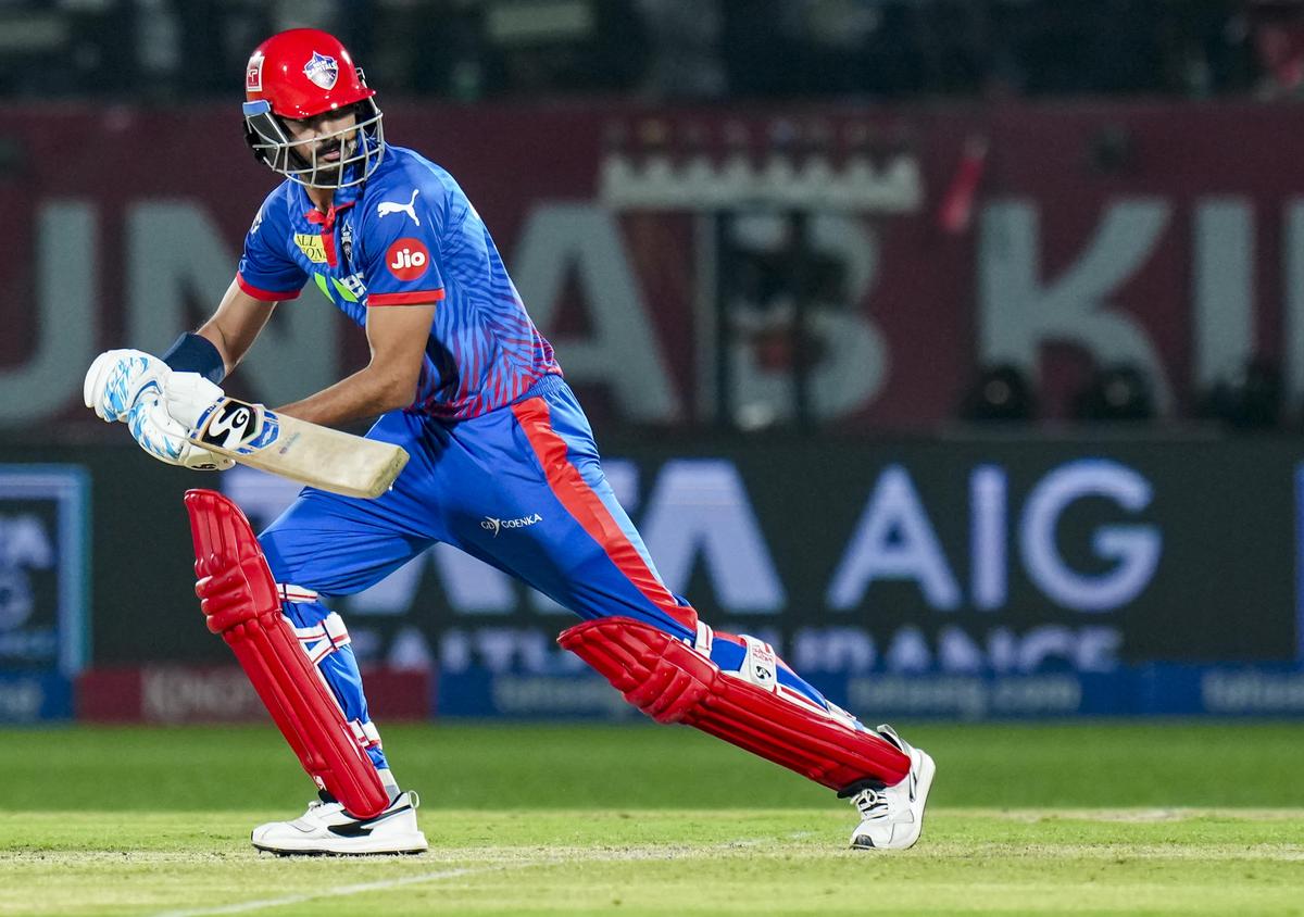 Delhi Capitals' captain Axar Patel plays a shot during an IPL match against Punjab Kings in Dharamshala, Himachal Pradesh.