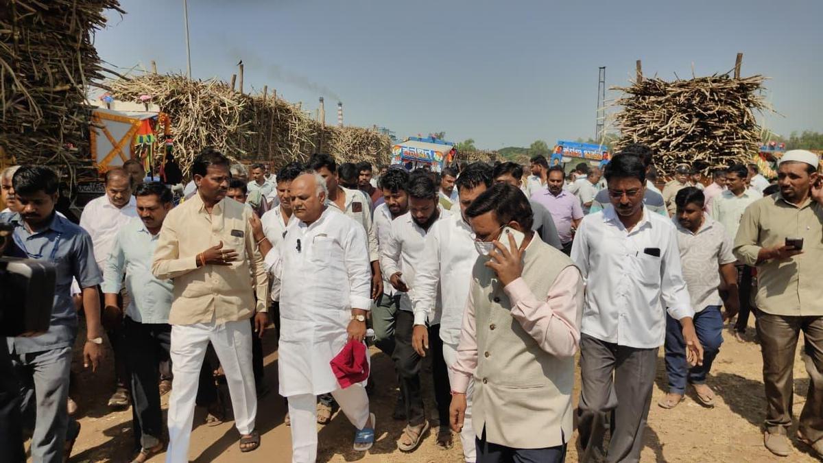 Sugar Minister Shivanand Patil visited the Godavari sugar factory in Sameerwadi in Bagalkot district of Karnataka on November 14, 2025. Several sugarcane trolleys and vehicles were set on fire outside the factory on November 13. 